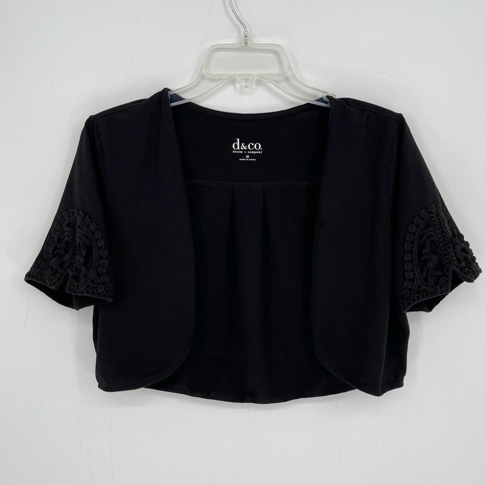 Denim & Co. Women's Black Lace Trim Sleeve Open Front Bolero Shrug Size M